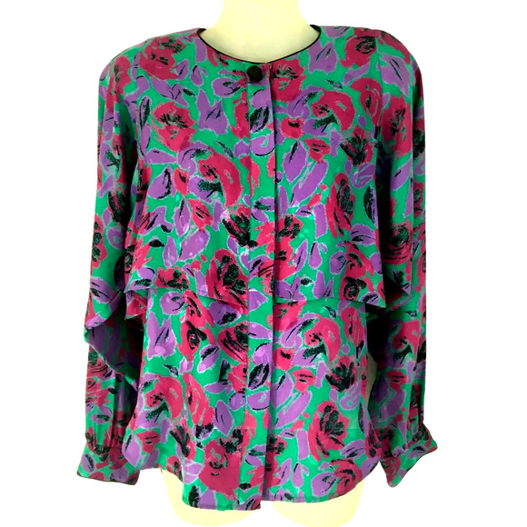 Flora Kung Silk Top Blouse Long Sleeve Floral Purple Teal Button Shirt 8 M VTG - Picture 3 of 10